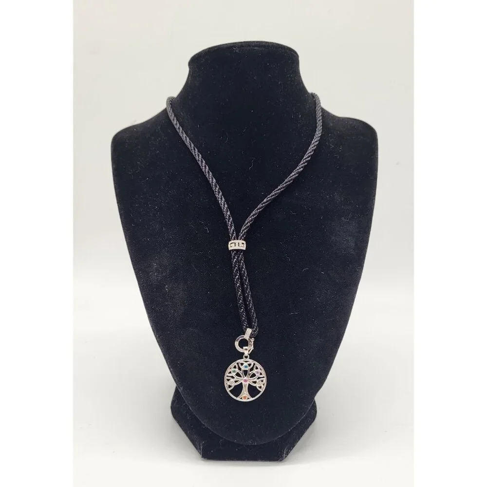 Sterling Silver 925 Tree of Life Pendant Necklace on Black Adjustable Rope - Picture 1 of 9